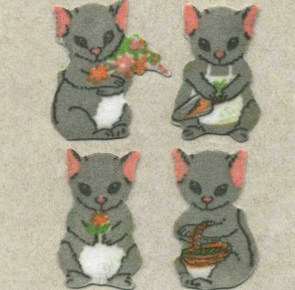 Fuzzy-finish mouse stickers, gray cartoon mice holding flowers and carrots
