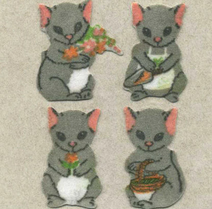 Fuzzy-finish mouse stickers, gray cartoon mice holding flowers and carrots
