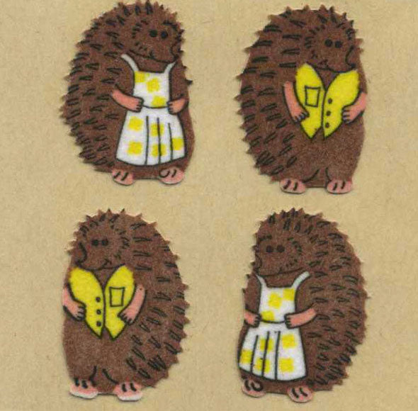 Fuzzy hedgehog stickers with yellow dress and shirt, four designs on roll