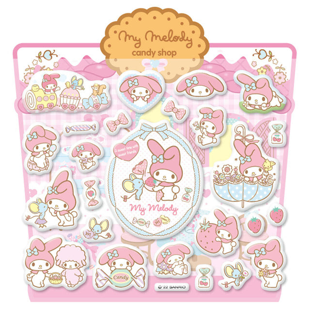3D puffy sticker set with My Melody characters and candy-themed shapes on sheet