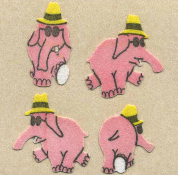 Fuzzy finish elephant stickers, pink with yellow party hats