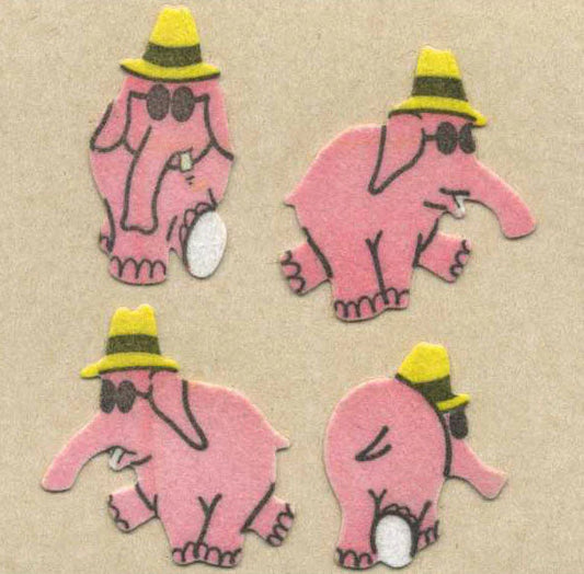 Fuzzy finish elephant stickers, pink with yellow party hats