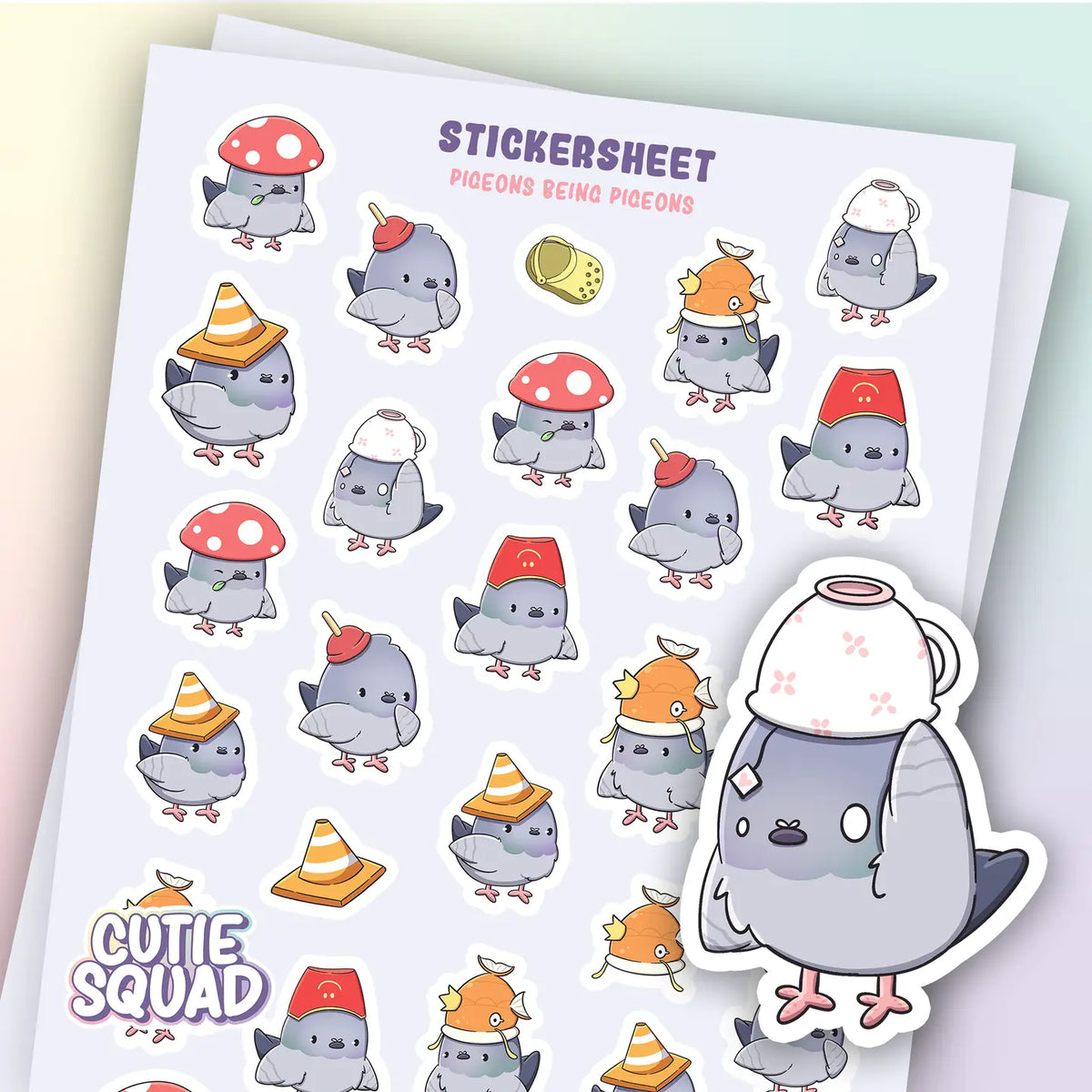 Vinyl sticker sheet with cartoon pigeons in red and orange mushroom hats