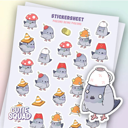 Vinyl sticker sheet with cartoon pigeons in red and orange mushroom hats