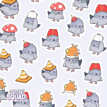 Vinyl sticker sheet close-up of cartoon pigeons with red, orange, and white hats