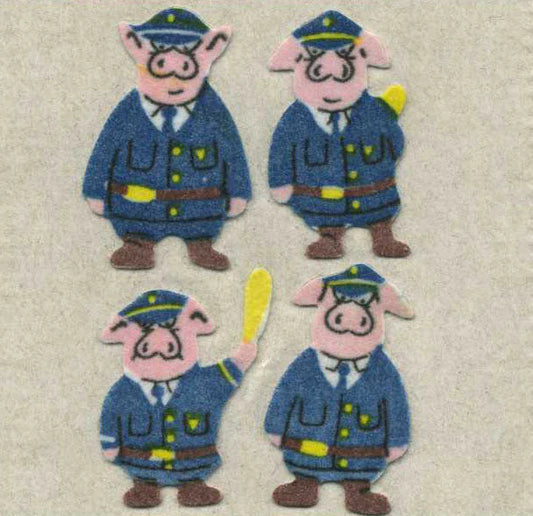 Fuzzy finish pig police sticker set, four character stickers in blue uniforms