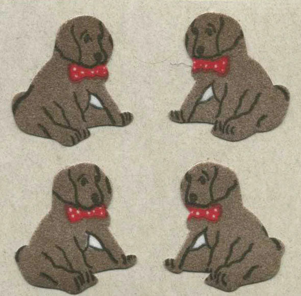 Fuzzy puppy sticker set with four sitting dogs and red bow ties