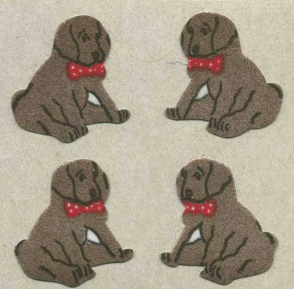 Fuzzy puppy sticker set with four sitting dogs and red bow ties