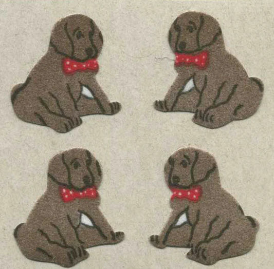 Fuzzy puppy sticker set with four sitting dogs and red bow ties
