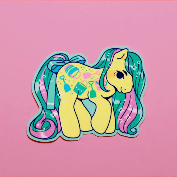 Beach pony vinyl sticker, cute yellow horse with teal hair and pastel accessories
