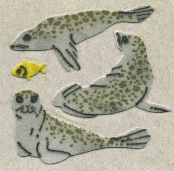 Seal sticker sheet with fuzzy finish, assorted seal shapes and faces