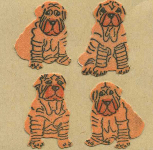 Orange fuzzy Shar Pei stickers with black outline, four dog figures