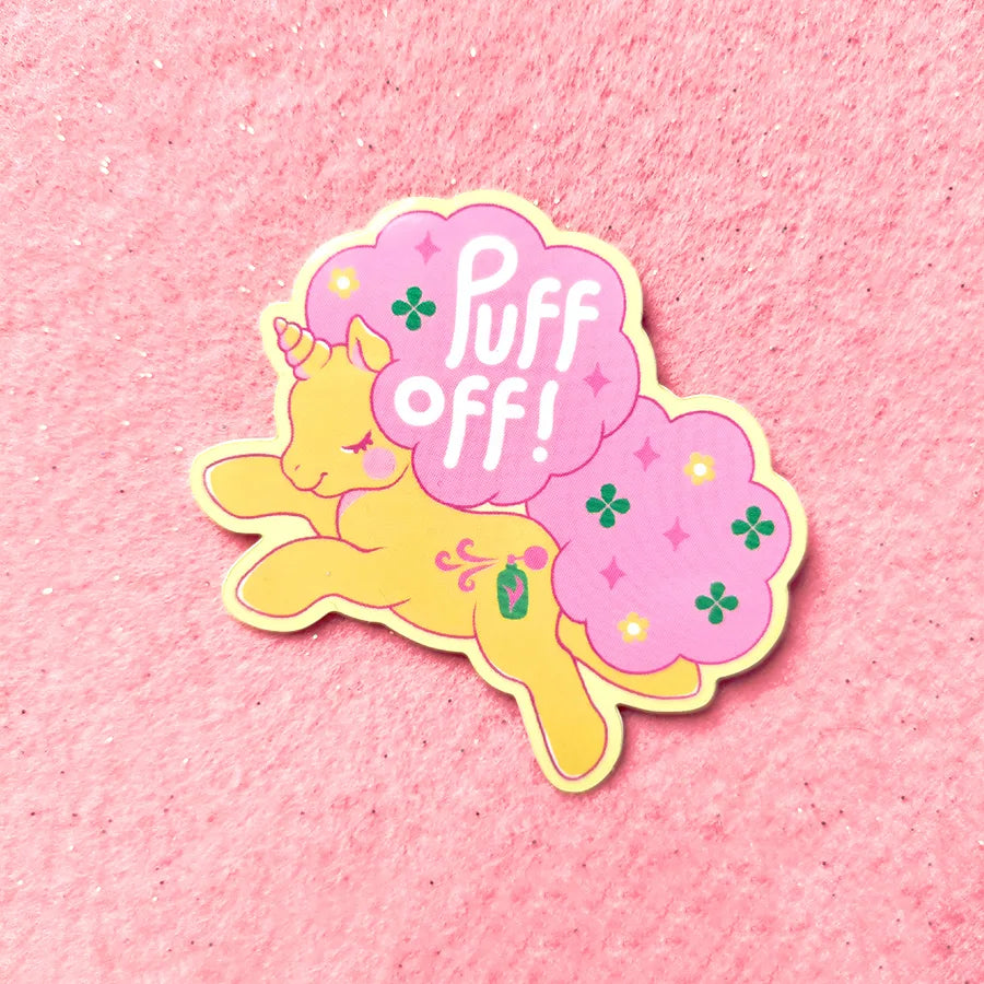 Puff Off vinyl sticker with yellow pony and pink clover accents