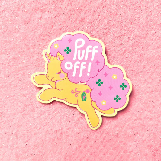 Puff Off vinyl sticker with yellow pony and pink clover accents