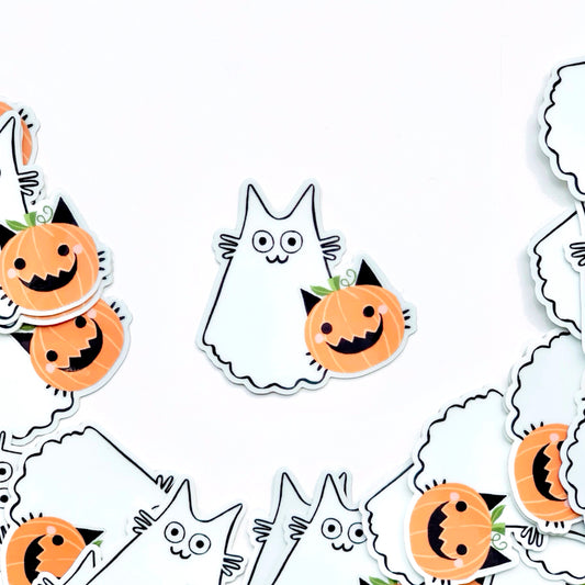 Glow-in-the-dark vinyl stickers: cats and jack-o’-lanterns, die-cut set