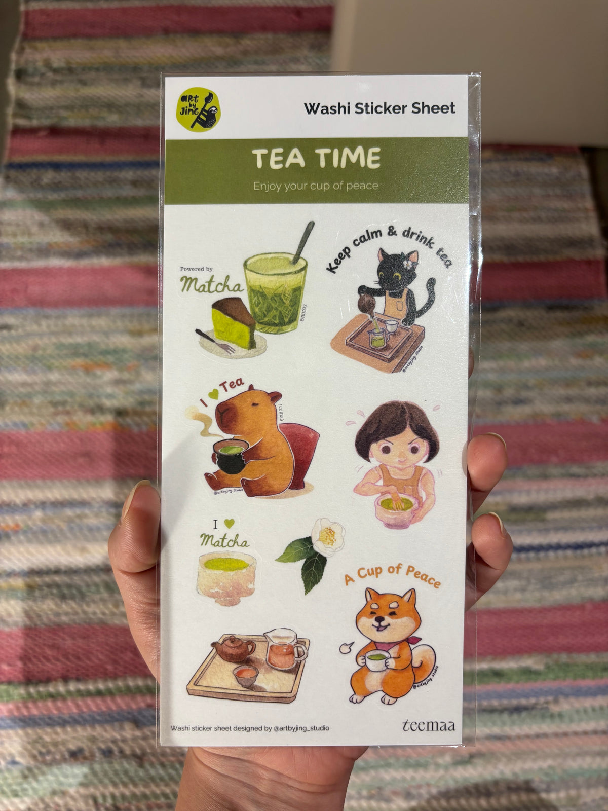 Tea Time washi sticker sheet with tea, matcha, animals, and girl illustrations