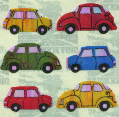 Vintage car sticker roll with pearly finish, six colorful classic car decals
