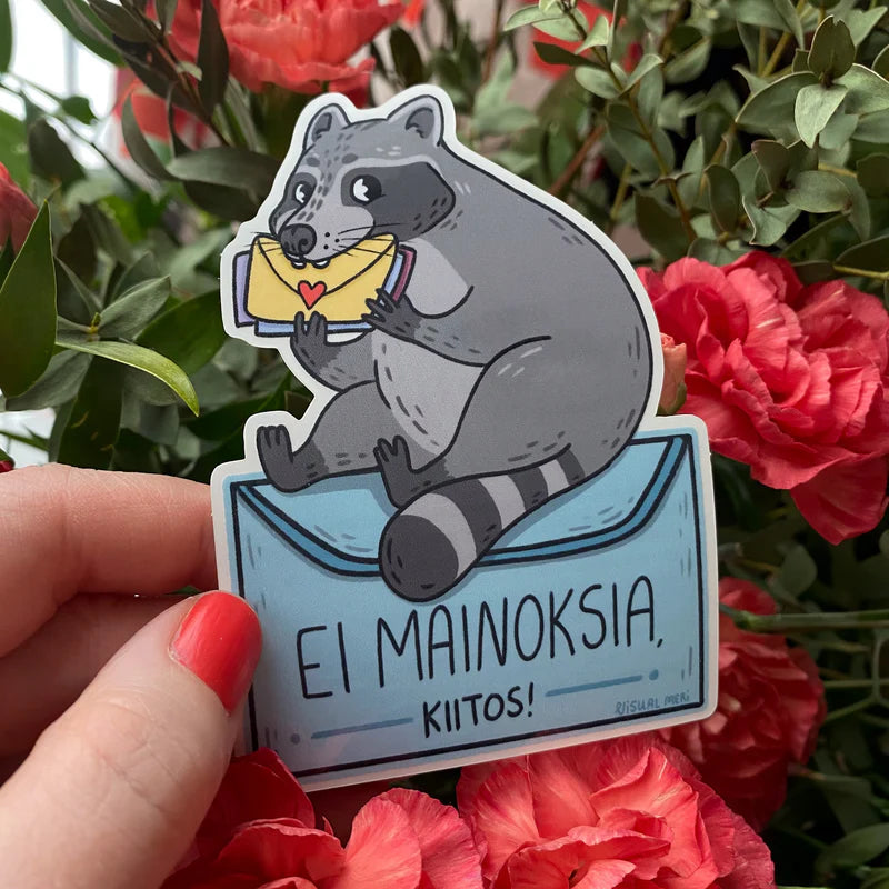 Grey raccoon holding heart and sign, decorative sticker
