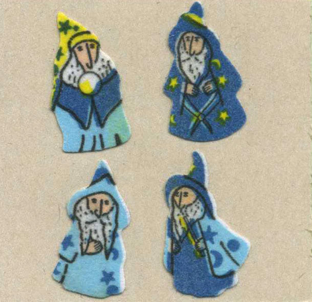 Fuzzy finish wizard sticker set, four blue wizard character cutouts with stars